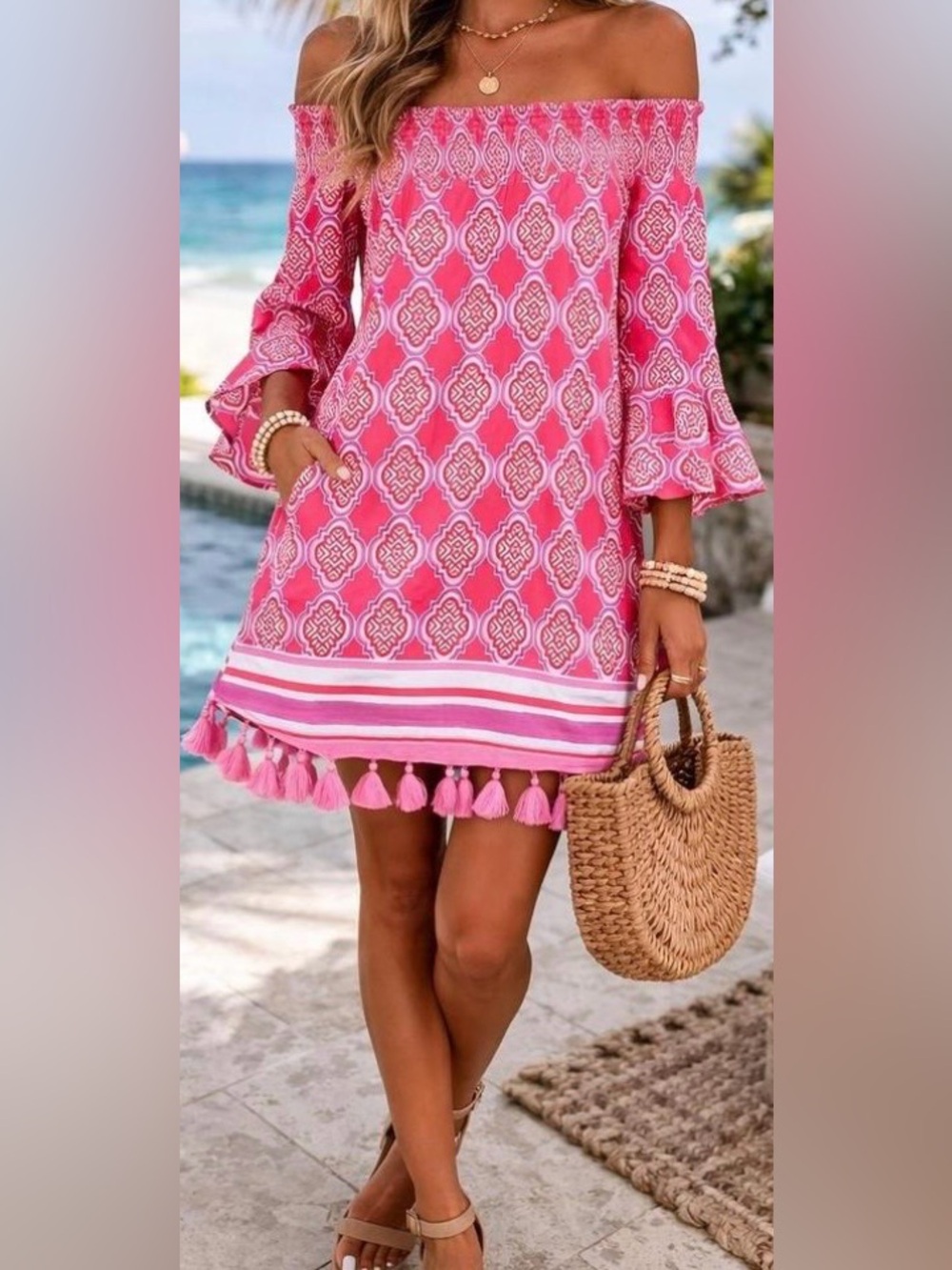 Cabana Life Coral Geo Coverluxe Dress-Off Shoulder Tassel Mini Dress